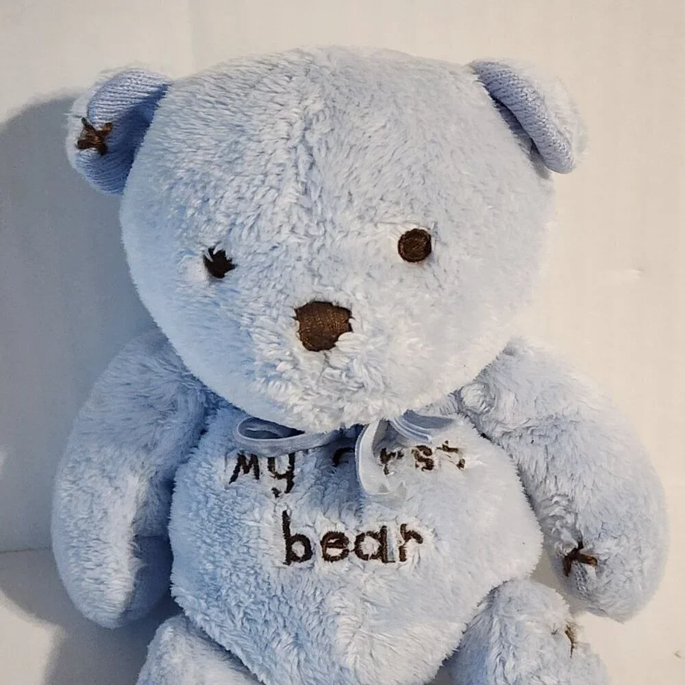Carter's My first bear plush toy lovey  blue brown stitches rattle